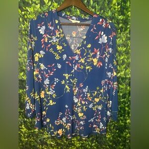 Vince Camuto Floral V-Neck Blouse - Blue and Multicolor